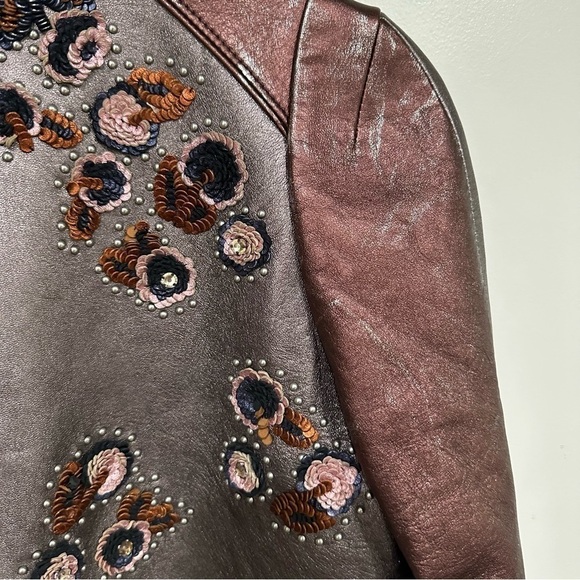 Rare Coach Shrunken Leather Varsity Jacket In Metallic Brown size 2 - Picture 9 of 11